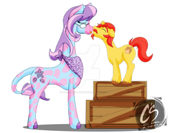 Size: 1024x792 | Tagged: safe, artist:adhiguna, artist:johnathon-matthews, oc, oc:poffee, oc:sprakk rye, giraffe, pony, unicorn, :p, boxes, broken horn, commission, couples, deviantart watermark, horn, kissing, obtrusive watermark, simple background, size difference, tongue out, transparent background, watermark