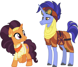 Size: 8070x6902 | Tagged: safe, artist:koolfrood, artist:outlawquadrant, edit, hoo'far, saffron masala, pony, saddle arabian, unicorn, g4, road to friendship, spice up your life, absurd resolution, bag, bandana, chef, clothes, duo, ear piercing, female, goggles, indian, indian pony, male, piercing, raised hoof, saddle bag, saf'far, shipping, simple background, stallion, straight, sweat, transparent background, typo in the description, vector