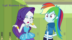 Size: 960x540 | Tagged: safe, edit, edited screencap, editor:thedarkpony, screencap, rainbow dash, rarity, a queen of clubs, equestria girls, g4, my little pony equestria girls: better together, fart edit, female, holding nose, implied farting, text