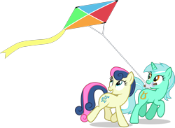 Size: 9434x6890 | Tagged: safe, artist:starcollider, bon bon, lyra heartstrings, sweetie drops, earth pony, pony, unicorn, g4, no second prances, .svg available, absurd resolution, duo, female, kite, looking up, mare, mouth hold, show accurate, simple background, svg, transparent background, vector