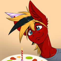 Size: 1000x1000 | Tagged: safe, artist:twotail813, oc, oc only, oc:gear, anthro, birthday, birthday cake, cake, candle, clothes, ear fluff, eyebrows, eyebrows visible through hair, fire, food, hat, male, party hat, shirt, smiling, solo, stallion
