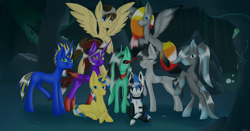 Size: 8000x4176 | Tagged: safe, artist:ginnythequeen, oc, alicorn, earth pony, pegasus, pony, unicorn, group