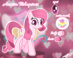 Size: 1951x1568 | Tagged: safe, artist:muhammad yunus, oc, oc only, oc:annisa trihapsari, earth pony, pony, g4, base used, cutie mark, earth pony oc, female, heart, heart background, heart eyes, mare, medibang paint, not rarity, pink background, pink body, pink hair, simple background, smiling, solo, vector, wingding eyes