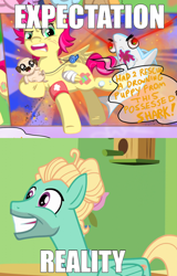 Size: 1054x1650 | Tagged: safe, artist:awesomepiefive, edit, edited screencap, screencap, zephyr breeze, oc, dog, pegasus, pony, shark, flutter brutter, g4, expectation vs reality, fluttershy's brother (fanon), meme, pegasus oc, puppy, shit eating grin