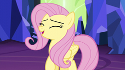 Size: 1920x1080 | Tagged: safe, screencap, fluttershy, pegasus, pony, g4, what about discord?, eyes closed, female, laughing, mare, open mouth, raised hoof, solo, twilight's castle