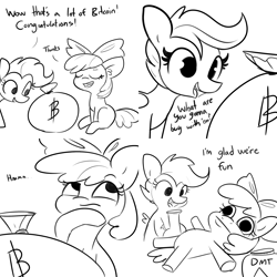 Size: 2400x2400 | Tagged: safe, artist:tjpones, apple bloom, scootaloo, earth pony, pegasus, pony, g4, :i, bitcoin, black and white, bong, comic, cryptocurrency, dmt, drugs, duo, female, filly, grayscale, high res, lying down, money, monochrome, on back, simple background, white background