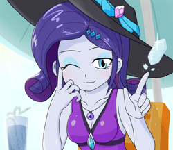 Size: 1480x1280 | Tagged: safe, artist:batipin, rarity, equestria girls, g4, beach hat, beautiful, breasts, busty rarity, cleavage, clothes, female, geode of shielding, hat, looking at you, magical geodes, multiple variants, one eye closed, rarity's purple bikini, solo, sun hat, swimsuit, wink