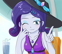 Size: 1480x1280 | Tagged: safe, alternate version, artist:batipin, rarity, equestria girls, g4, beach hat, breasts, busty rarity, cleavage, clothes, female, geode of shielding, hat, looking at you, magical geodes, multiple variants, one eye closed, rarity's purple bikini, solo, sun hat, swimsuit