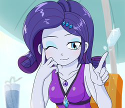 Size: 1480x1280 | Tagged: safe, alternate version, artist:batipin, rarity, equestria girls, g4, breasts, busty rarity, cleavage, clothes, drink, drinking straw, female, gem, geode of shielding, glass, looking at you, magical geodes, multiple variants, one eye closed, solo, swimsuit, wink