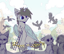 Size: 4724x4000 | Tagged: safe, artist:dorkmark, oc, alicorn, earth pony, pegasus, pony, unicorn, absurd resolution, chest fluff, commission, commission open, windmill, ych sketch, your character here