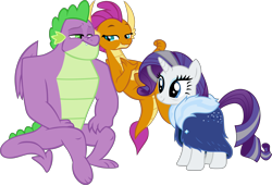Size: 6780x4615 | Tagged: safe, artist:cloudy glow, artist:memnoch, edit, rarity, smolder, spike, dragon, pony, unicorn, g4, the last problem, bags under eyes, bedroom eyes, clothes, dragoness, duo, eyeshadow, female, fur coat, gigachad spike, grey hair, harem, heart, makeup, male, mare, older, older rarity, older smolder, older spike, polyamory, robe, ship:sparity, ship:spolder, shipping, simple background, sitting, skunk stripe, smiling, straight, transparent background, trio, vector, winged spike, wings