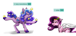 Size: 1420x672 | Tagged: safe, artist:mekblue, edit, izzy moonbow, pipp petals, derpibooru, g5, ball, happy, horn, horn guard, image count, izzy's tennis ball, meta, red eyes, red-eyed pipp, skinny pipp, tags, tennis ball, unamused