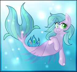 Size: 1280x1200 | Tagged: safe, artist:ariesmatic, oc, oc only, seapony (g4), bubble, crepuscular rays, dorsal fin, female, fin wings, fish tail, flowing mane, flowing tail, green eyes, ocean, smiling, solo, sunlight, tail, underwater, water, wings