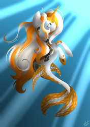 Size: 1447x2039 | Tagged: safe, artist:animeglaceon, oc, oc only, merpony, pony, seapony (g4), unicorn, blue eyes, dorsal fin, female, fins, fish tail, flowing mane, flowing tail, horn, long mane, looking up, ocean, seaponified, solo, species swap, tail, underwater, water