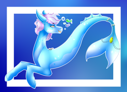 Size: 2692x1944 | Tagged: safe, artist:ponypuu, oc, oc only, fish, merpony, seapony (g4), blue background, bubble, fins, fish tail, open mouth, pink mane, red eyes, signature, simple background, smiling, solo, speedpaint, swimming, tail, underwater, water