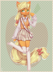 Size: 2208x3000 | Tagged: safe, artist:zefirka, applejack, earth pony, semi-anthro, g4, arm hooves, cheek fluff, clothes, ear fluff, freckles, high res, solo, stockings, thigh highs