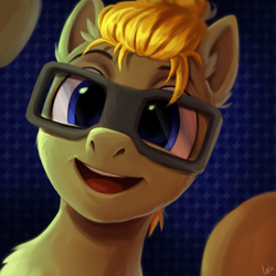 Size: 2480x2480 | Tagged: safe, artist:loonya, oc, oc only, oc:donnik, pegasus, pony, abstract background, bun, glasses, high res, looking at you, open mouth, pegasus oc, smiling, solo, tied hair