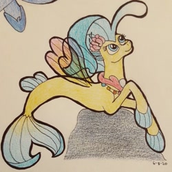 Size: 1035x1034 | Tagged: safe, artist:fallsplash, princess skystar, seapony (g4), g4, my little pony: the movie, blue eyes, dorsal fin, female, fin wings, fins, fish tail, flower, flower in hair, freckles, jewelry, looking up, necklace, pearl necklace, seashell, smiling, solo, tail, traditional art, wings