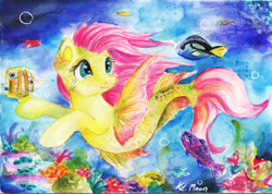 Size: 1188x844 | Tagged: safe, artist:lailyren, fluttershy, pegasus, pony, seapony (g4), g4, coral, cute, female, fin wings, fish tail, flowing mane, flowing tail, green eyes, ocean, seaponified, seapony fluttershy, seaweed, shyabetes, signature, smiling, solo, species swap, swimming, tail, traditional art, underwater, water, watercolor painting, watershy, wings