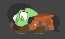 Size: 894x539 | Tagged: safe, artist:enragement filly, oc, oc only, oc:filly anon, pony, astronaut, female, filly, lying down, prone, simple background, solo, spacesuit