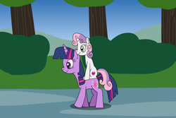 Size: 1280x854 | Tagged: safe, artist:platinumdrop, sweetie belle, twilight sparkle, pony, unicorn, g4, duo, duo female, female, filly, mare, ponies riding ponies, request, riding, sitting, tree, unicorn twilight, walking