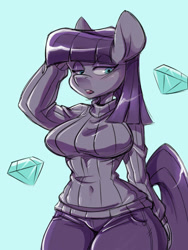 Size: 1200x1600 | Tagged: safe, artist:noupie, maud pie, earth pony, anthro, g4, arm behind head, belly button, blue background, breasts, busty maud pie, clothes, diamond, female, light blue background, open mouth, pants, simple background, solo, sweater, wide hips