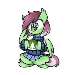 Size: 1240x1240 | Tagged: safe, artist:sugar morning, oc, oc only, oc:watermelon success, pegasus, pony, chocolate, christmas, clothes, food, holiday, licking, licking lips, mug, pleated skirt, simple background, skirt, solo, sweater, tongue out, transparent background