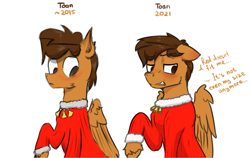 Size: 2073x1306 | Tagged: safe, artist:toanderic, oc, oc only, oc:toanderic, pegasus, pony, 2015, art evolution, bells, blushing, clothes, ear blush, floppy ears, pegasus oc, redraw, sweater