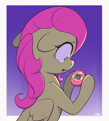Size: 2150x2393 | Tagged: safe, artist:nookprint, fluttershy, pegasus, pony, g4, adorable distress, crying, cute, dead, female, filly, filly fluttershy, floppy ears, high res, holding, sad, sadorable, shyabetes, simple background, solo, tamagotchi, younger, younger fluttershy