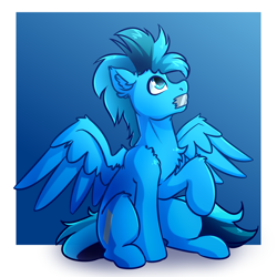 Size: 4000x4000 | Tagged: safe, artist:witchtaunter, oc, oc only, pegasus, pony, absurd resolution, chest fluff, commission, duct tape, ear fluff, gag, gradient background, looking up, male, sitting, solo, tape, tape gag
