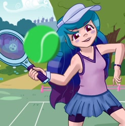 Size: 1456x1473 | Tagged: safe, artist:lizardicot, izzy moonbow, human, g5, ball, blushing, bracelet, bush, clothes, cloud, compression shorts, female, grass, hat, holding, humanized, izzy's tennis ball, jewelry, looking at you, open mouth, skirt, sky, solo, tank top, tennis ball, tennis racket, tree