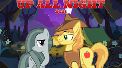 Size: 2064x1161 | Tagged: safe, anonymous artist, braeburn, marble pie, earth pony, pony, g4, braeble, campfire, camping, female, flower, forest, hill, looking at each other, lyrics in the description, male, mare, moon, mountain, night, outdoors, romance, scenery, shipping, smiling, song reference, stallion, stars, straight, tent, this will end in love, tree, youtube link in the description
