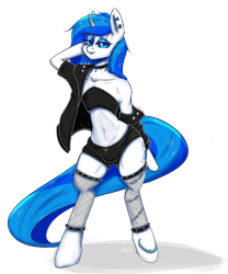 Size: 2491x2989 | Tagged: safe, artist:inkypuso, oc, oc only, oc:mind, unicorn, semi-anthro, arm hooves, bipedal, choker, clothes, commission, cutie mark, fishnet stockings, high res, jacket, makeup, piercing, punk, shorts, solo, spikes, tattoo