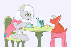 Size: 3620x2392 | Tagged: safe, artist:edrian, oc, oc only, oc:fossil fluster, dinosaur, earth pony, pony, abdl, adult foal, clothes, diaper, diaper fetish, dress, elderly, fetish, high res, tea party, teapot