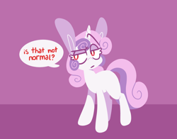 Size: 1474x1156 | Tagged: safe, artist:glowfangs, sweetie belle, pony, unicorn, mentally advanced series, g4, long ears, purple background, red eyes, simple background, solo, speech bubble, thrackerzod, white pupils