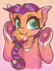 Size: 540x699 | Tagged: safe, artist:marselina-n19h, sunny starscout, earth pony, pony, g5, blushing, candy, female, food, heart eyes, jewelry, lollipop, mare, necklace, signature, simple background, solo, underhoof, wingding eyes