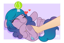 Size: 800x538 | Tagged: safe, artist:jhayarr23, izzy moonbow, pony, unicorn, g5, ball, bellyrubs, blushing, cute, cuteness overload, eyes closed, female, floppy ears, heart, horn, horn guard, horn impalement, hornball, izzy's tennis ball, izzybetes, mare, smiling, sweet dreams fuel, tennis ball, weapons-grade cute