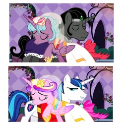 Size: 1080x1080 | Tagged: safe, artist:luna.queex, edit, edited screencap, idw, screencap, king sombra, princess cadance, radiant hope, shining armor, alicorn, pony, unicorn, a canterlot wedding, g4, alicornified, clothes, dress, eyelashes, eyes closed, female, flower, flower in hair, good king sombra, grin, hoof shoes, hopeicorn, horn, indoors, male, mare, peytral, race swap, raised hoof, ship:hopebra, ship:shiningcadance, shipping, smiling, stallion, straight, wedding dress, wings