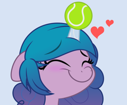 Size: 624x520 | Tagged: safe, artist:jhayarr23, izzy moonbow, pony, unicorn, g5, ball, blushing, bust, cute, eyes closed, female, floppy ears, heart, horn, horn guard, horn impalement, hornball, izzy's tennis ball, izzybetes, mare, portrait, simple background, smiling, solo, tennis ball