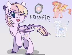 Size: 2205x1668 | Tagged: safe, artist:caramelbolt24, oc, oc only, oc:flamehearth, oc:freezefire, oc:snowveil, bat pony, dracony, dragon, hybrid, pony, :d, bat pony oc, bat wings, cloven hooves, colored hooves, ear fluff, female, gray background, interspecies offspring, magical lesbian spawn, mare, offspring, one eye closed, open mouth, parent:oc:flamehearth, parent:oc:snowveil, parents:oc x oc, raised hoof, signature, simple background, wings, wink