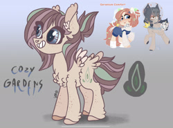 Size: 2255x1668 | Tagged: safe, artist:caramelbolt24, oc, oc only, oc:cozy gardens, pegasus, pony, abstract background, chest fluff, clothes, colored hooves, ear fluff, eye clipping through hair, grin, offspring, parents:oc x oc, pegasus oc, signature, smiling, two toned wings, wings