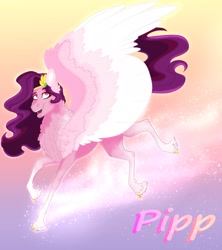 Size: 2000x2251 | Tagged: safe, artist:inisealga, pipp petals, pegasus, pony, g5, chest fluff, ear fluff, female, gradient background, high res, mare, open mouth, raised hoof, red eyes, red-eyed pipp, skinny pipp, solo, text, unshorn fetlocks