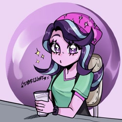 Size: 1197x1197 | Tagged: safe, artist:parappaya, starlight glimmer, human, equestria girls, equestria girls specials, g4, beanie, chair, coffee cup, cup, cute, eyebrows, eyebrows visible through hair, eyeshadow, female, glimmerbetes, hat, indoors, looking at you, makeup, multicolored hair, purple eyeshadow, purple skin, sitting, solo, watch, wristwatch
