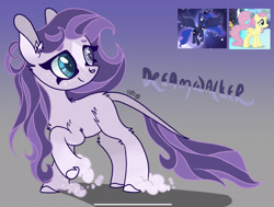 Size: 2209x1668 | Tagged: safe, artist:caramelbolt24, fluttershy, princess luna, oc, oc:dreamwalker, alicorn, pegasus, pony, g4, abstract background, ear fluff, female, hoof fluff, leonine tail, looking back, magical lesbian spawn, mare, offspring, parent:fluttershy, parent:princess luna, parents:lunashy, raised hoof, screencap reference, signature, wings