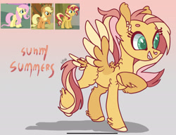Size: 2172x1668 | Tagged: safe, artist:caramelbolt24, applejack, fluttershy, sunset shimmer, oc, oc:sunny summers, earth pony, pegasus, pony, unicorn, equestria girls, equestria girls specials, g4, my little pony equestria girls: better together, my little pony equestria girls: forgotten friendship, abstract background, ear fluff, eyelashes, feathered fetlocks, female, grin, hat, hoof on chest, magical lesbian spawn, magical threesome spawn, mare, multiple parents, offspring, parent:applejack, parent:fluttershy, parent:sunset shimmer, pegasus oc, screencap reference, signature, smiling, two toned wings, wings