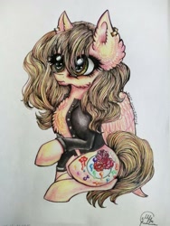 Size: 768x1024 | Tagged: safe, artist:maryhoovesfield, oc, oc only, pegasus, pony, chest fluff, clothes, ear fluff, ear piercing, earring, eyelashes, jacket, jewelry, pegasus oc, piercing, raised hoof, signature, sitting, solo, traditional art, wings