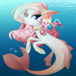 Size: 600x600 | Tagged: safe, artist:magicarin, oc, oc only, merpony, seapony (g4), blue eyes, bubble, colored pupils, crepuscular rays, dorsal fin, eyelashes, female, fish tail, flowing mane, flowing tail, lidded eyes, looking at you, ocean, signature, smiling, solo, sunlight, swimming, tail, underwater, water, watermark