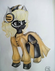 Size: 799x1024 | Tagged: safe, artist:maryhoovesfield, oc, oc only, earth pony, pony, boots, clothes, coat, earmuffs, earth pony oc, face mask, hat, latex, latex boots, looking back, mask, shoes, signature, solo, traditional art