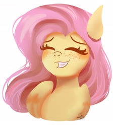 Size: 1831x2040 | Tagged: safe, artist:scarlett-letter, fluttershy, pegasus, pony, g4, bust, eyes closed, female, folded wings, freckles, freckleshy, grin, mare, portrait, simple background, smiling, solo, speedpaint available, three quarter view, white background, wings