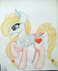 Size: 832x1024 | Tagged: safe, artist:maryhoovesfield, oc, oc only, pegasus, pony, braid, braided tail, chest fluff, coat markings, ear fluff, eyelashes, grin, heart eyes, pegasus oc, raised hoof, signature, smiling, socks (coat markings), solo, traditional art, two toned wings, wingding eyes, wings